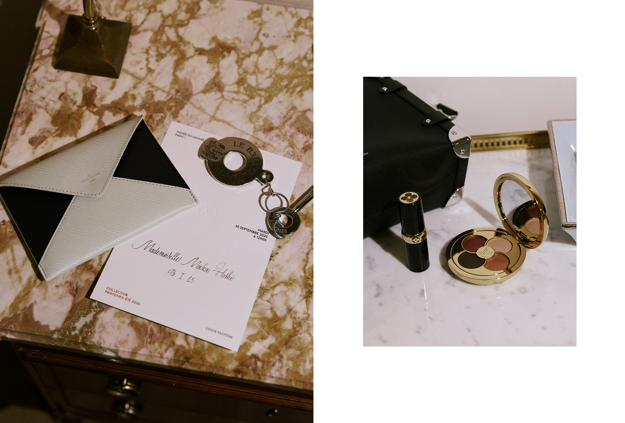 Moeka Hoshi Paris Fashion Week photo diary for the Louis Vuitton Spring 2026 show. On the left is an image of Moeka's show seating assignment with a Louis Vuitton keychain. On the right is a gif flashing between a photo of her black ankle booties and bag and her beauty products.