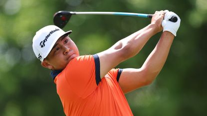 Kurt Kitayama plays his shot from the first tee during the third round of the Arnold Palmer Invitational