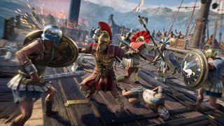 En skärmdump från Assassin’s Creed: Odyssey där huvudpersonen krigar på ett skepp.
