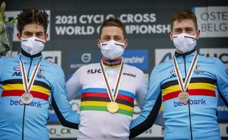 UCI Cyclocross World Championships 2021 Elite Men Oostende 31012021 Wout Van Aert BEL Team JumboVisma Mathieu van der Poel NED Alpecin Fenix Toon Aerts BEL Dion KerckhoffsCVBettiniPhoto2021