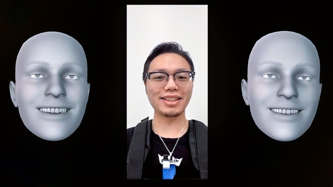 Man wearing NeckFace device, with 3D renders showing his facial expression