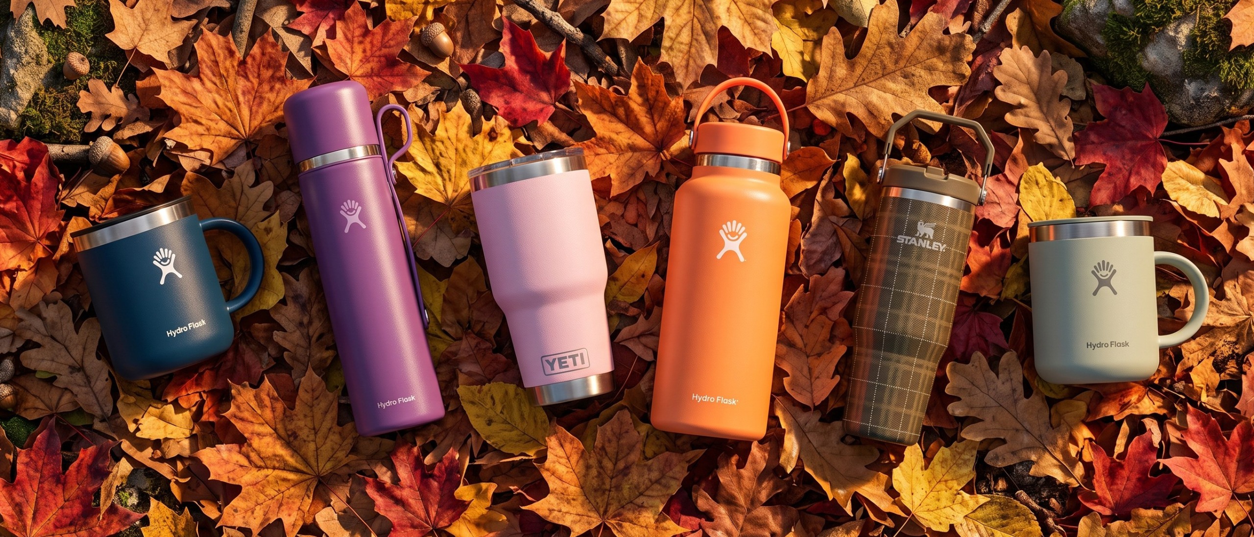 Selection of Yeti, Stanley and Hydroflask mugs and bottles on a background of fallen leaves