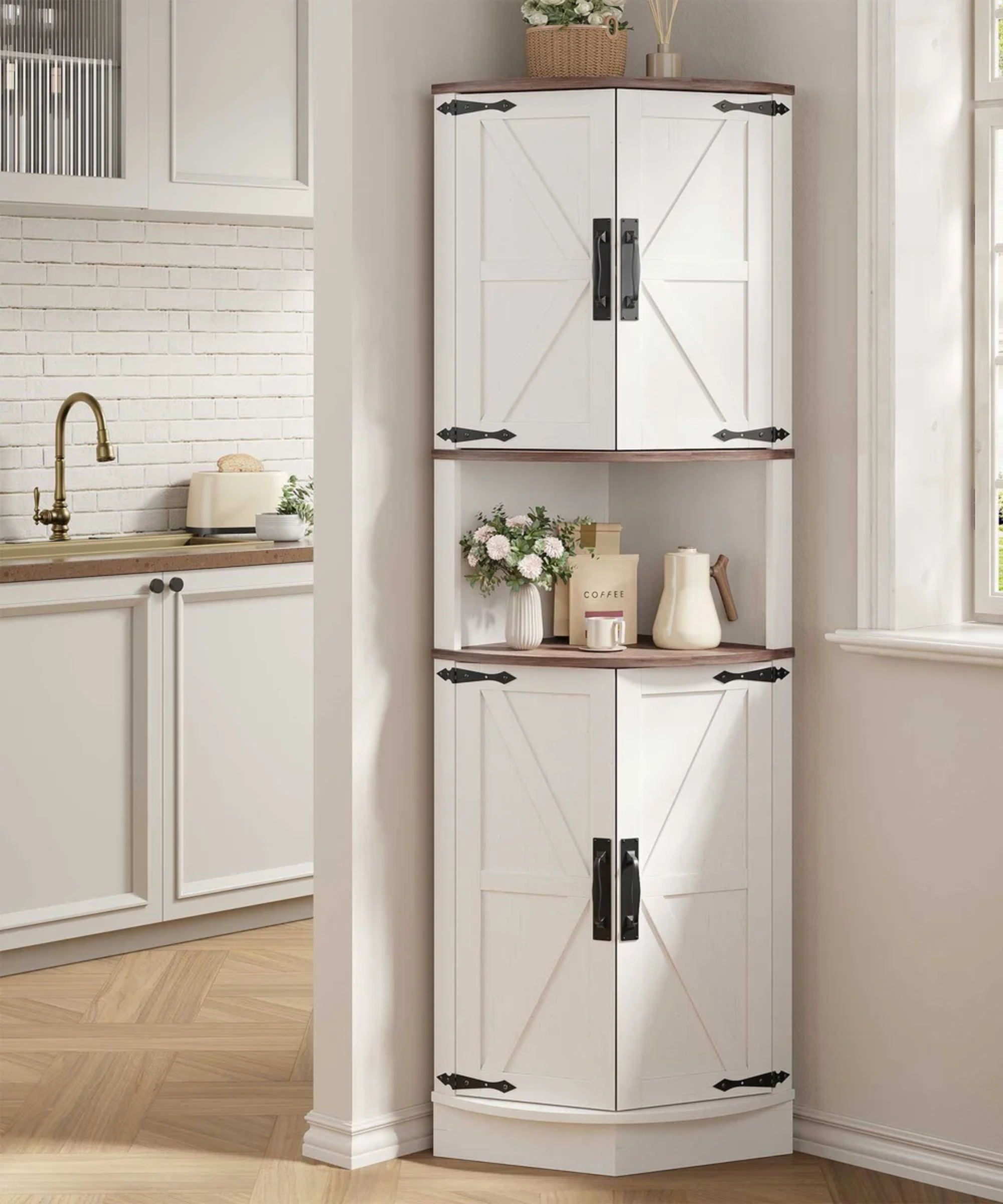 a corner storage cabinet