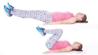 Woman demonstrates two positions of the lying knee tuck