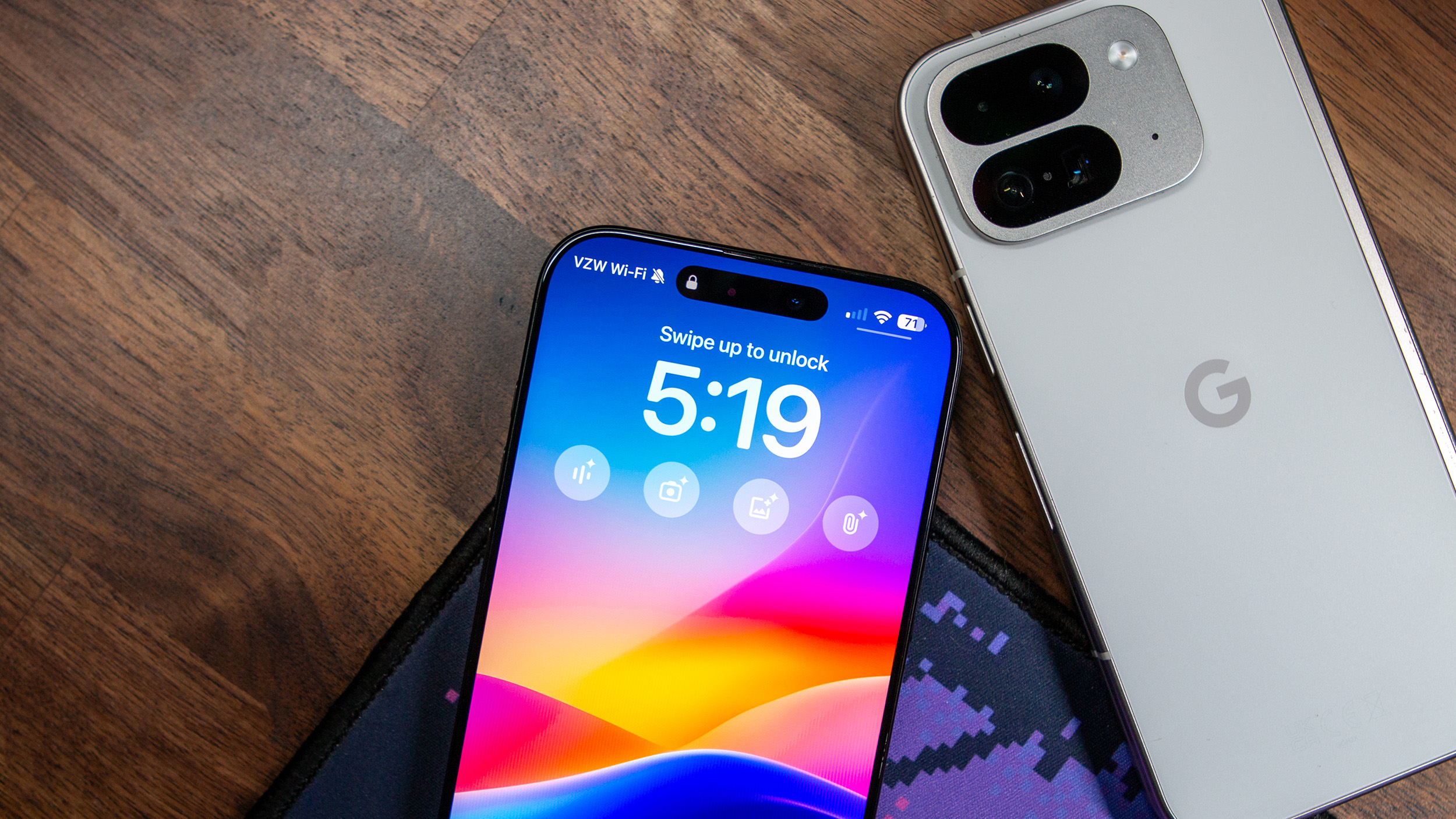 Google Gemini lock screen widgets on iPhone 16 Pro Max next to Pixel 9 Pro Fold