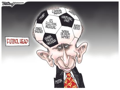 Political cartoon U.S. Putin Russia crimes human rights soccer FIFA world cup