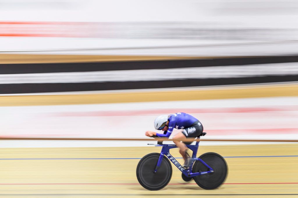 Dutch rider Ellen Van Dijk races during her world hour record attempt in the Velodrome Suisse an indoor velodrome in Grenchen northern Switzerland on May 23 2022 Ellen van Dijk attempts to break the world hour record record of 48405 kilometers on May 23 2022 on the track of the Velodrome Suisse in Grenchen Photo by GABRIEL MONNET AFP Photo by GABRIEL MONNETAFP via Getty Images