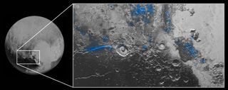 Regions on Pluto having exposed water ice appear in blue in this composite image from New Horizons spacecraft's Ralph instrument, which combines visible imagery from the Multispectral Visible Imaging Camera (MVIC) with infrared spectroscopy from the Linear Etalon Imaging Spectral Array (LEISA). Image released Oct. 8, 2015.