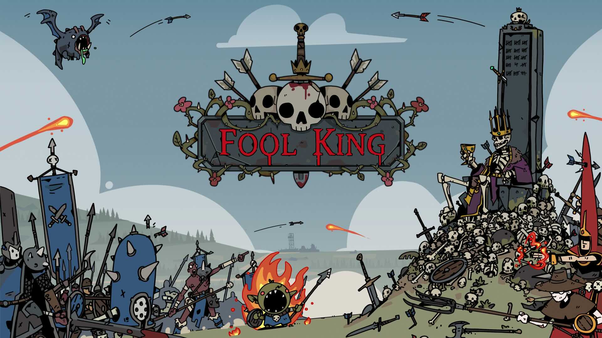 A skeleton king sat on a throne, surrounded by monsters battling. The Fool King logo hangs in the sky.