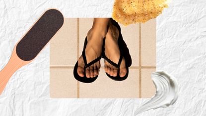 A close-up of someone's pedicured feet in black flip-flops on a tiled floor background and in a paper-style template with a foot file and two skincare swatches.