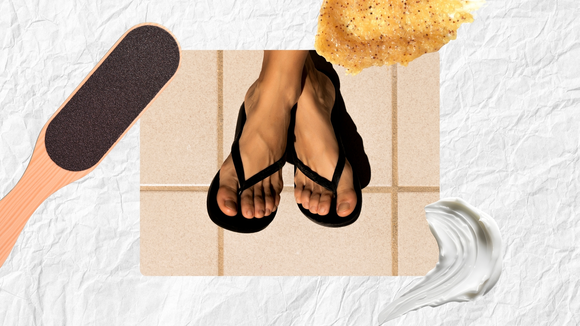A close-up of someone's pedicured feet in black flip-flops on a tiled floor background and in a paper-style template with a foot file and two skincare swatches.