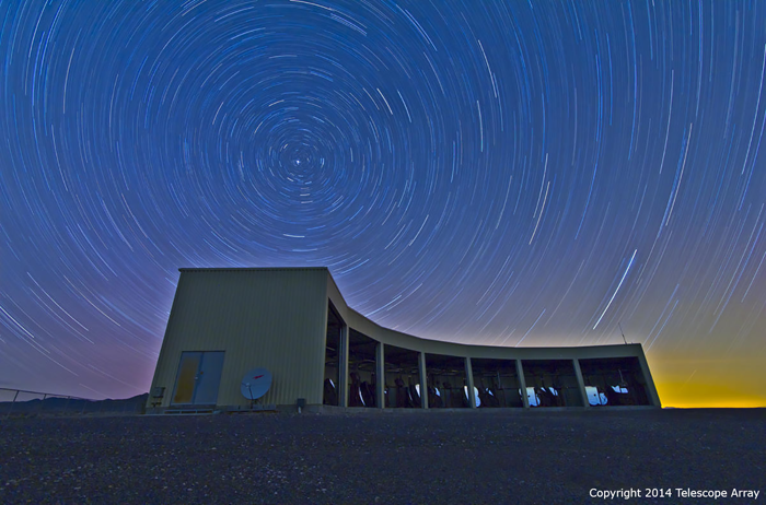 A dark-sky timelapse photo of the MiddleDrum fluorescence telescope station. 