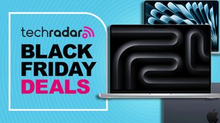 MacBook Pro and Air models layered against a cyan TechRadar deals background