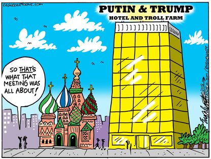 Political cartoon U.S. Trump Putin Helsinki summit Moscow hotel