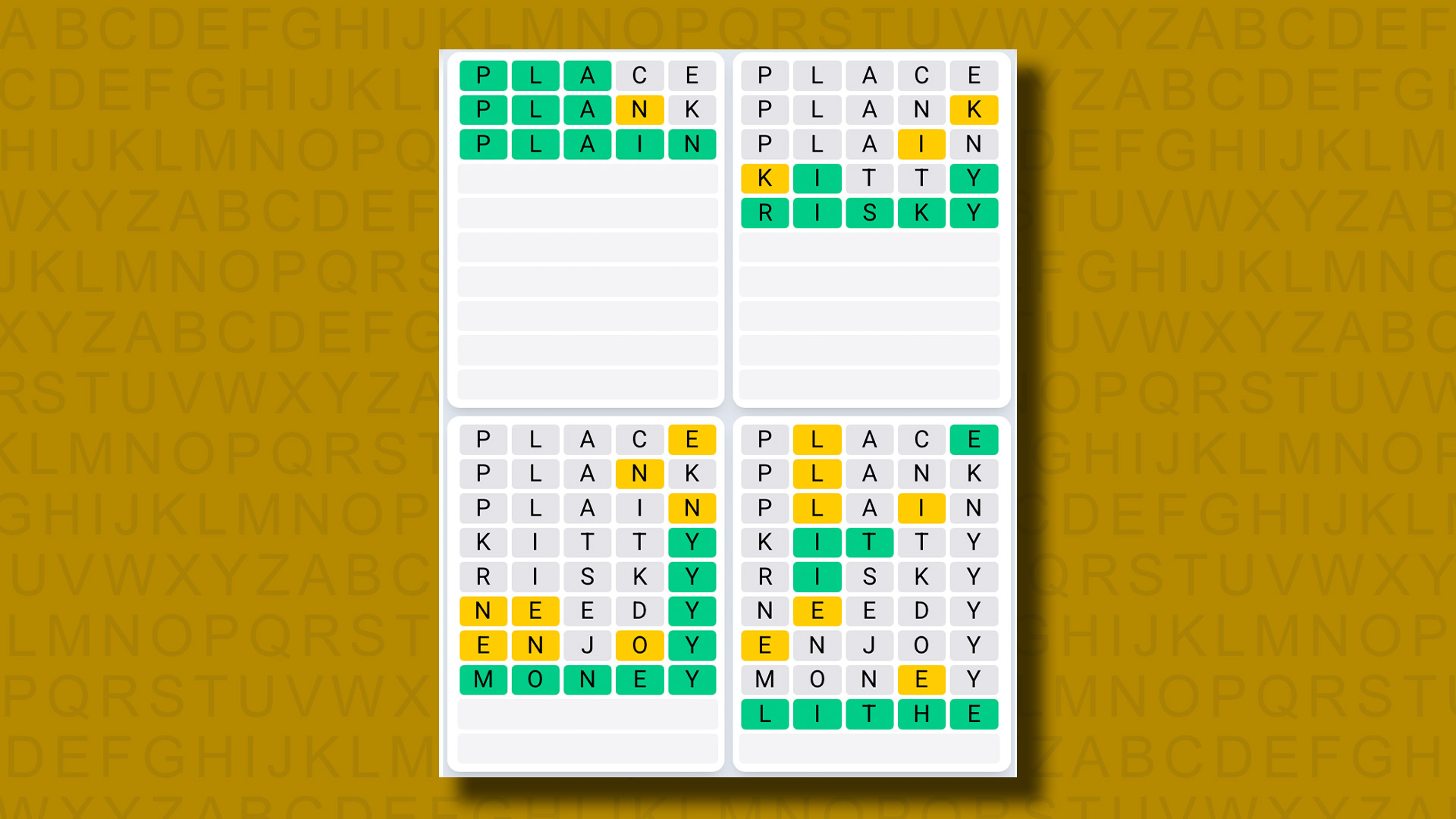 Quordle Daily Sequence answers for game 1275 on a yellow background