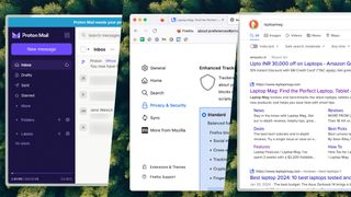 Proton Mail, Firefox, and DuckDuck Go screenshots across 3 split panes