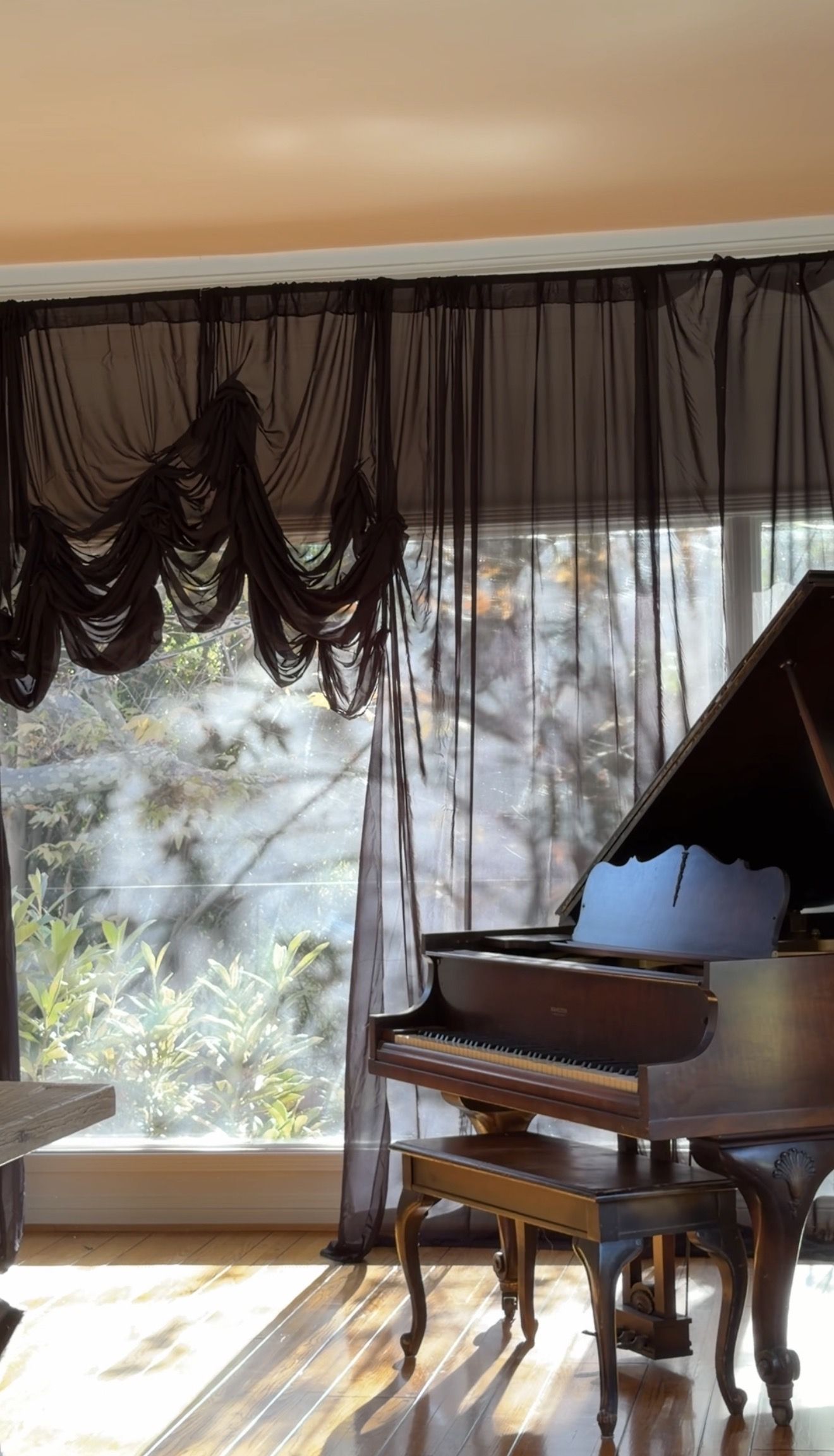 A ruched black sheer curtain exposes trees outside in the garden next to a black grand piano