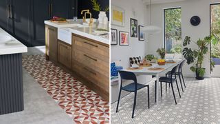 collage image of two kitchens both with patterned tiles and vinyl to show how pattern is a key flooring trend 2023