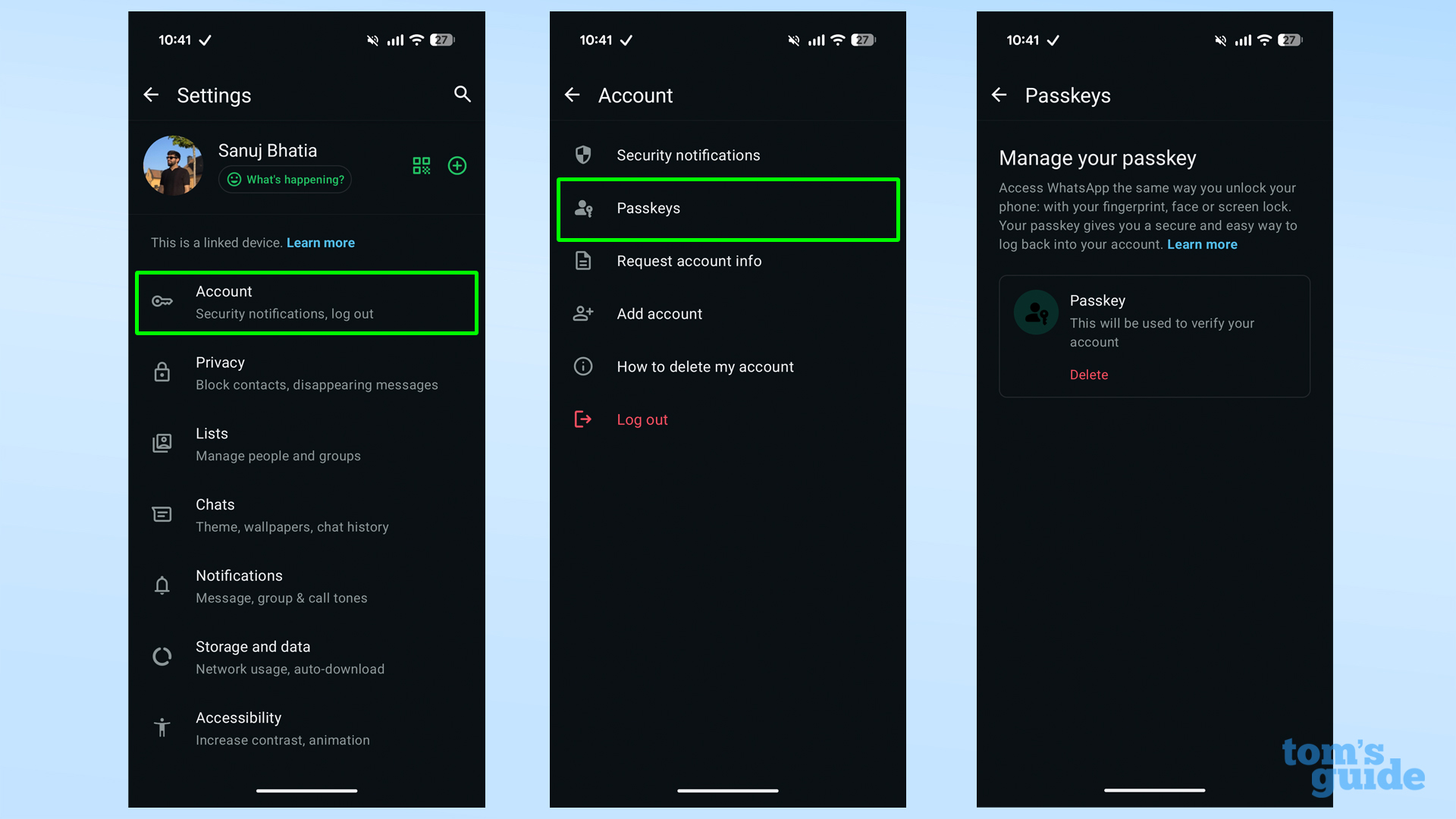 screenshots showing how to add a passkey to WhatsApp