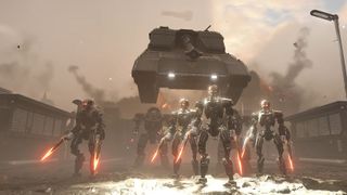 A screenshot of Helldivers 2's new Bastion tank taken from a trailer for the vehicle.