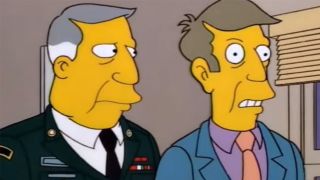 The real Skinner standing next to the imposter Skinner in The Simpsons.