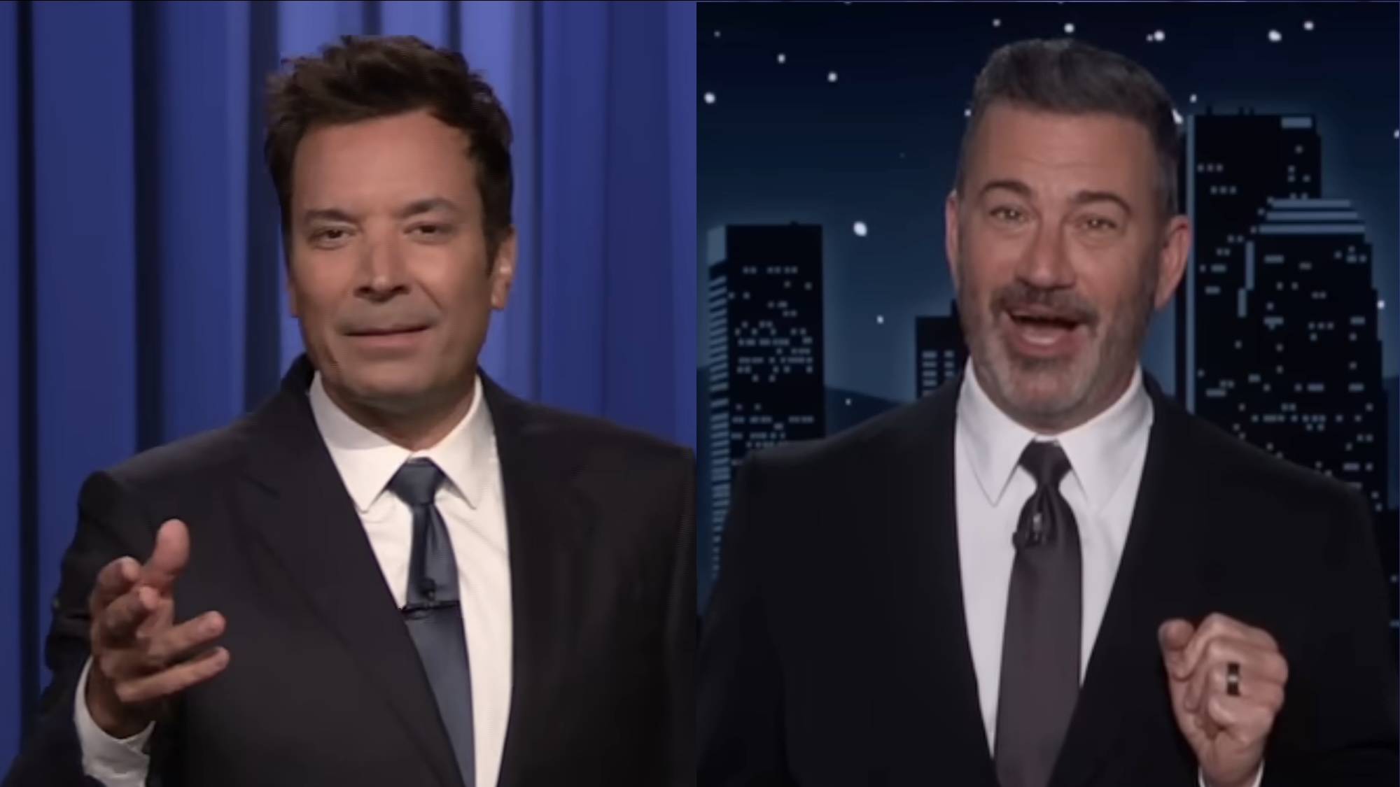 Side by side: Jimmy Fallon holding arm out as he hosts The Tonight Show, Jimmy Kimmel holds fist in front of his chest hosting Jimmy Kimmel Live!