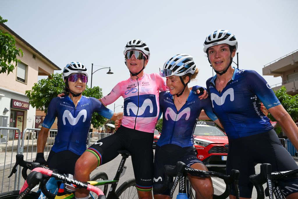 OLBIA ITALY JULY 09 LR Paula Andrea Patino of Colombia overall winner Annemiek Van Vleuten of The Netherlands Pink Leader Jersey Floortje Mackaij of The Netherlands and Aude Biannic of France and Movistar Team react after the 34th Giro dItalia Donne 2023 Stage 9 a 12685km stage from Sassari to Olbia UCIWWT on July 09 2023 in Olbia Italy Photo by Dario BelingheriGetty Images