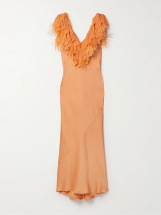 Manota Ruffled Crepe and Feather-Trimmed Charmeuse Maxi Dress