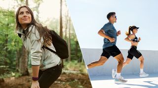 a photo of a woman walking and a couple running