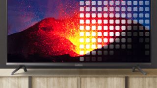 The TCL 6-Series on a TV stand displaying a visualization of the mini-LED backlight.