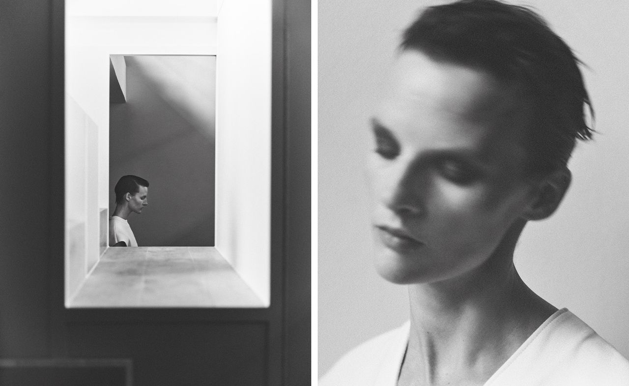 Woman wearing Fforme in modern house (on left), close up of woman’s face (on right) in black and white