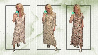 Antonia Kraskowski wearing three floral dresses from Mint Velvet
