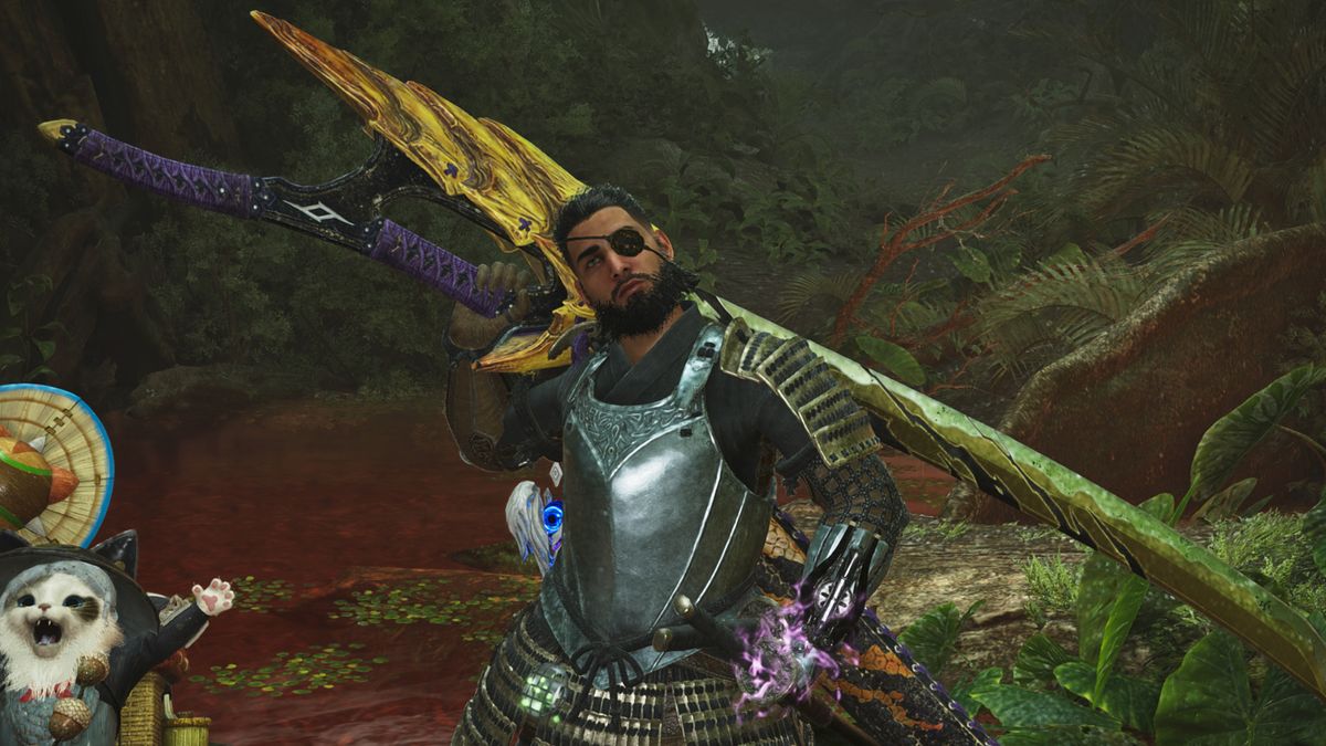 Monster Hunter Wilds Long Sword build - A hunter casually posing with the Long Sword over their shoulder in a jungle.