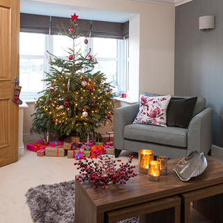 living room with grey wall and christmas tree