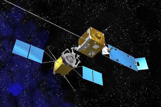 Robotic Refueler Approaching Orbiting Satellite