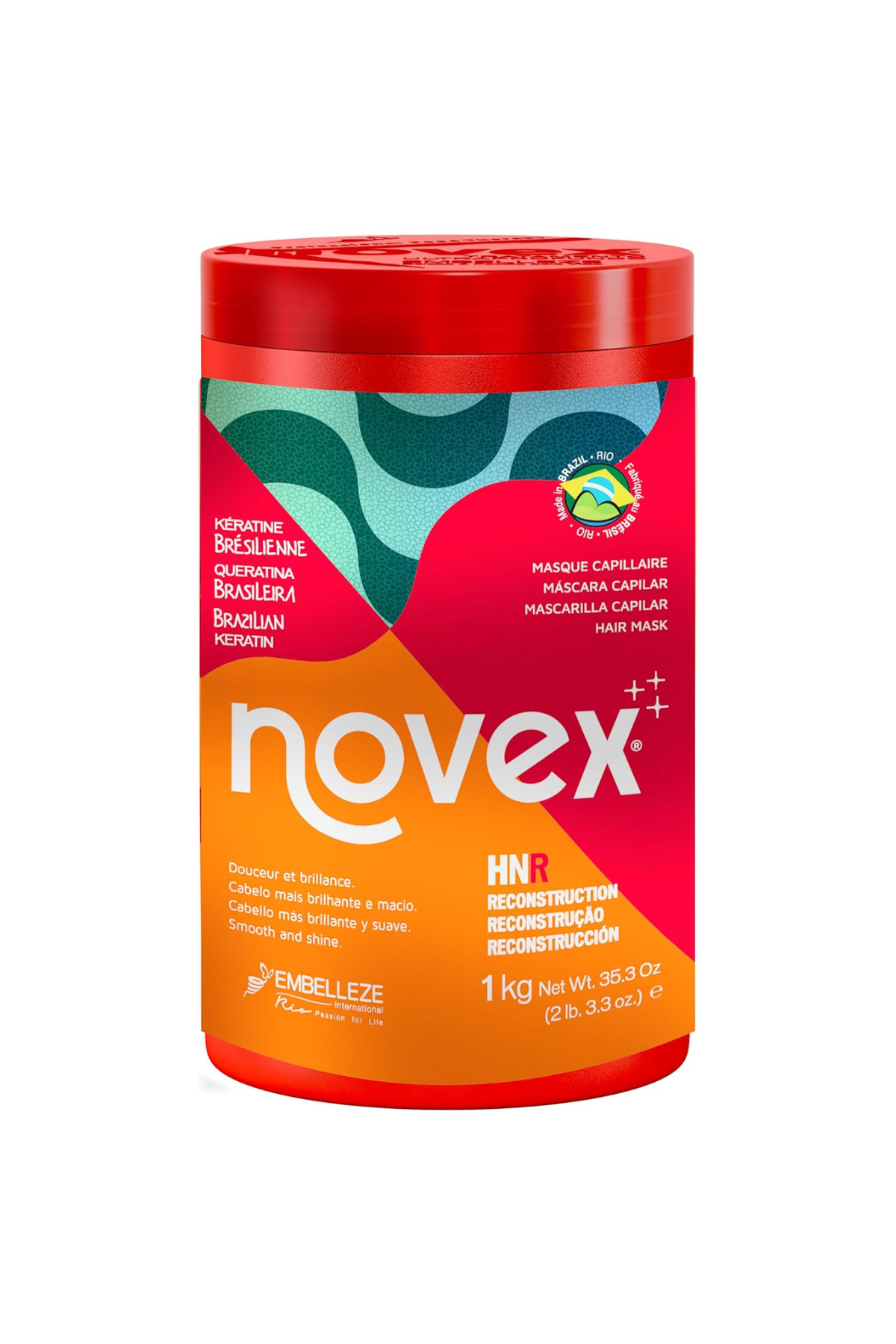 A jar of Novex Brazilian Keratin mask set against a white background.