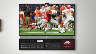 Telly TV showing image of football game and Pizza Hut ad