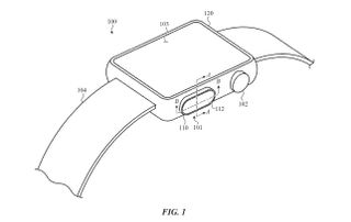 A patent figure showing an Apple Watch, with arrows pointing to the back button to indicate where a Touch ID fingerprint sensor might be placed.