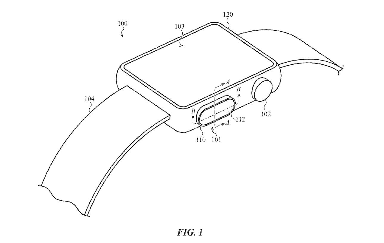 A patent figure showing an Apple Watch, with arrows pointing to the back button to indicate where a Touch ID fingerprint sensor might be placed.