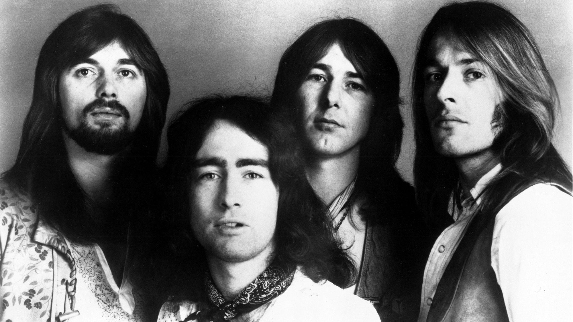 CIRCA 1973: (L-R) Boz Burrell, Paul Rodgers, Mick Ralphs and Simon Kirke of the rock band "Bad Company" pose for a portrait in circa 1973.