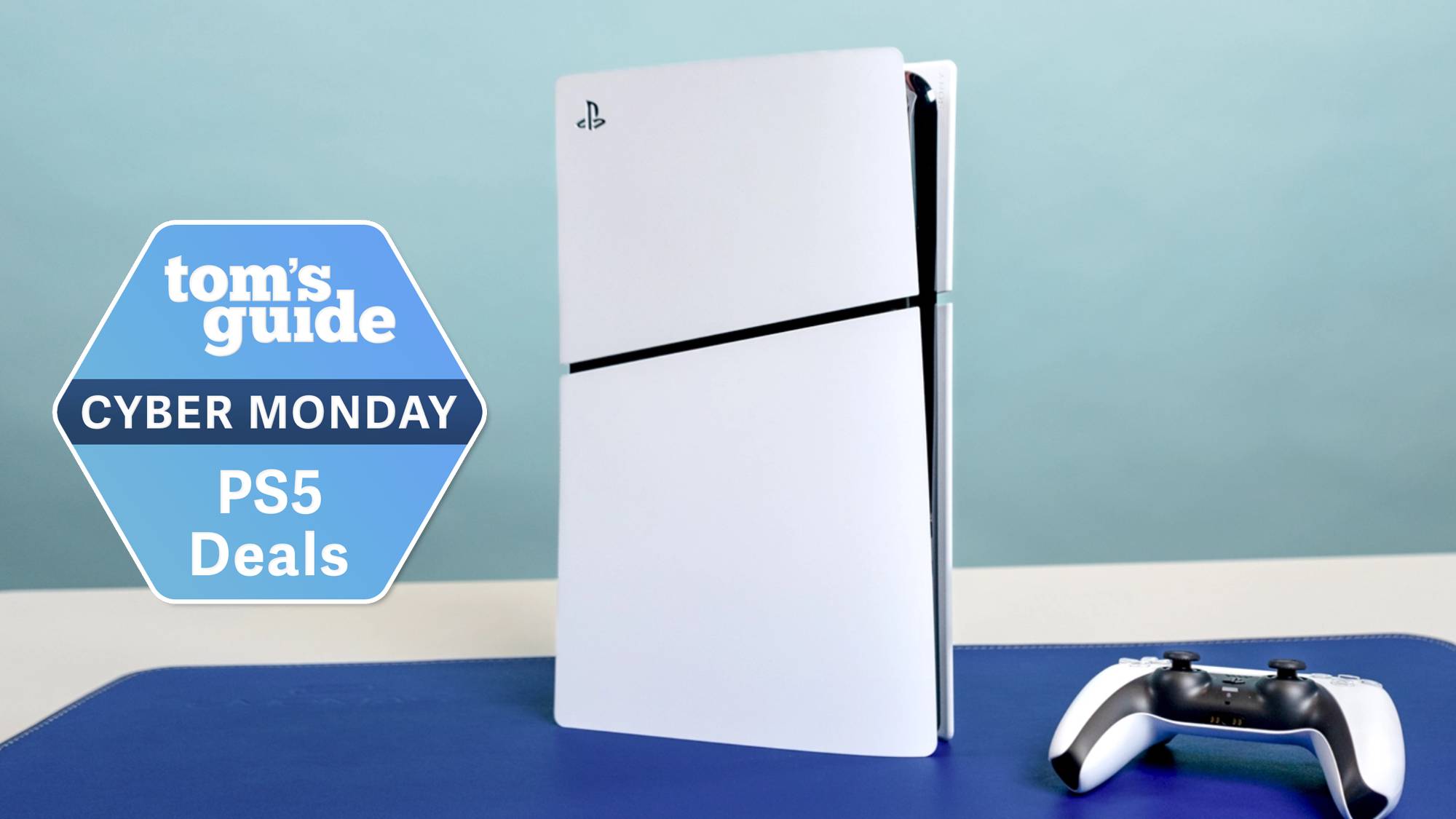 PS5 Slim console with a Tom's Guide Cyber Monday PS5 deal badge