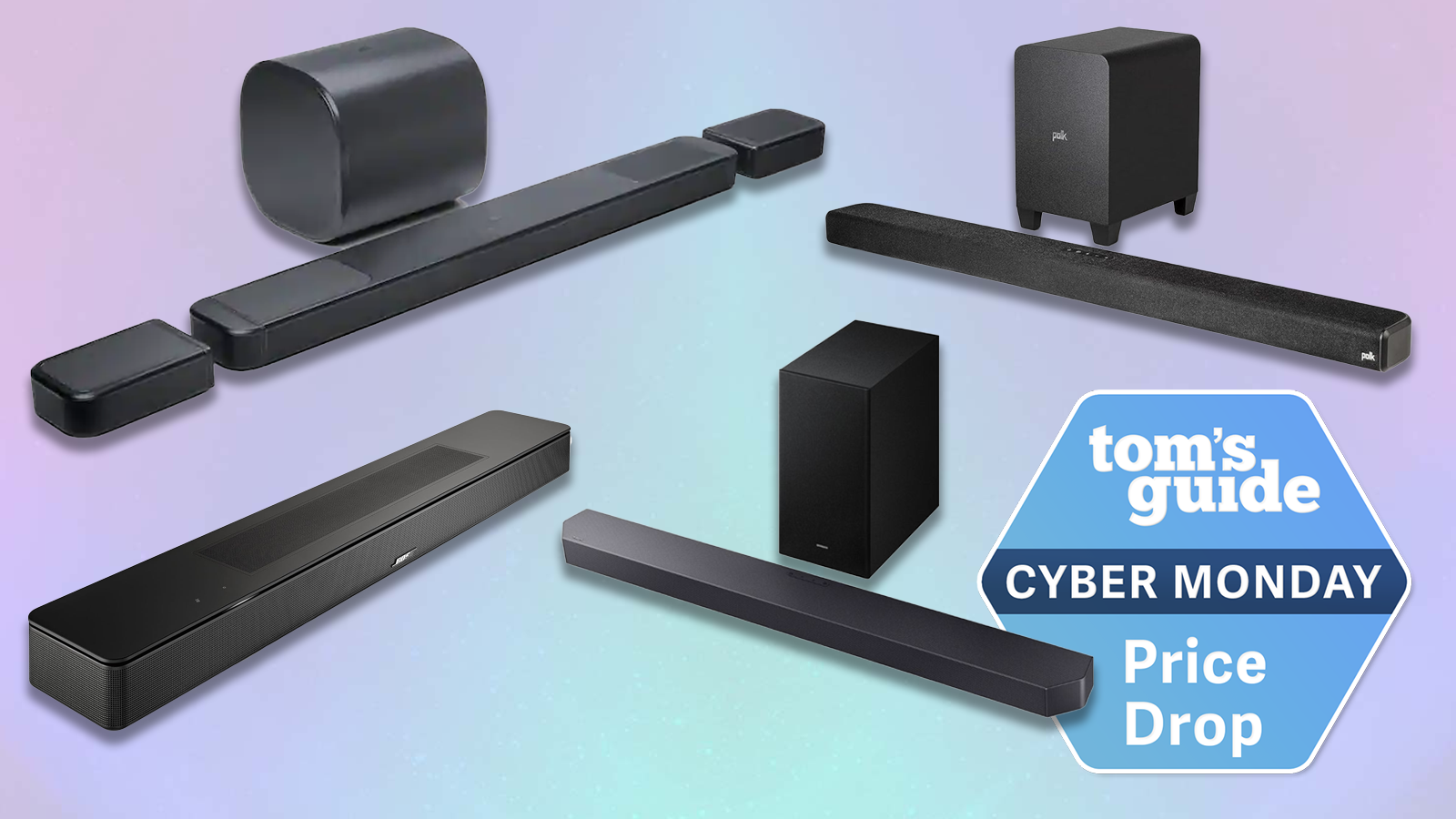 a composite image of jbl, polk audio, bose, and samsung soundbars with a cyber monday badge