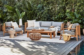 A wooden outdoor furniture set