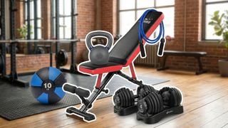Collage of home gym equipment
