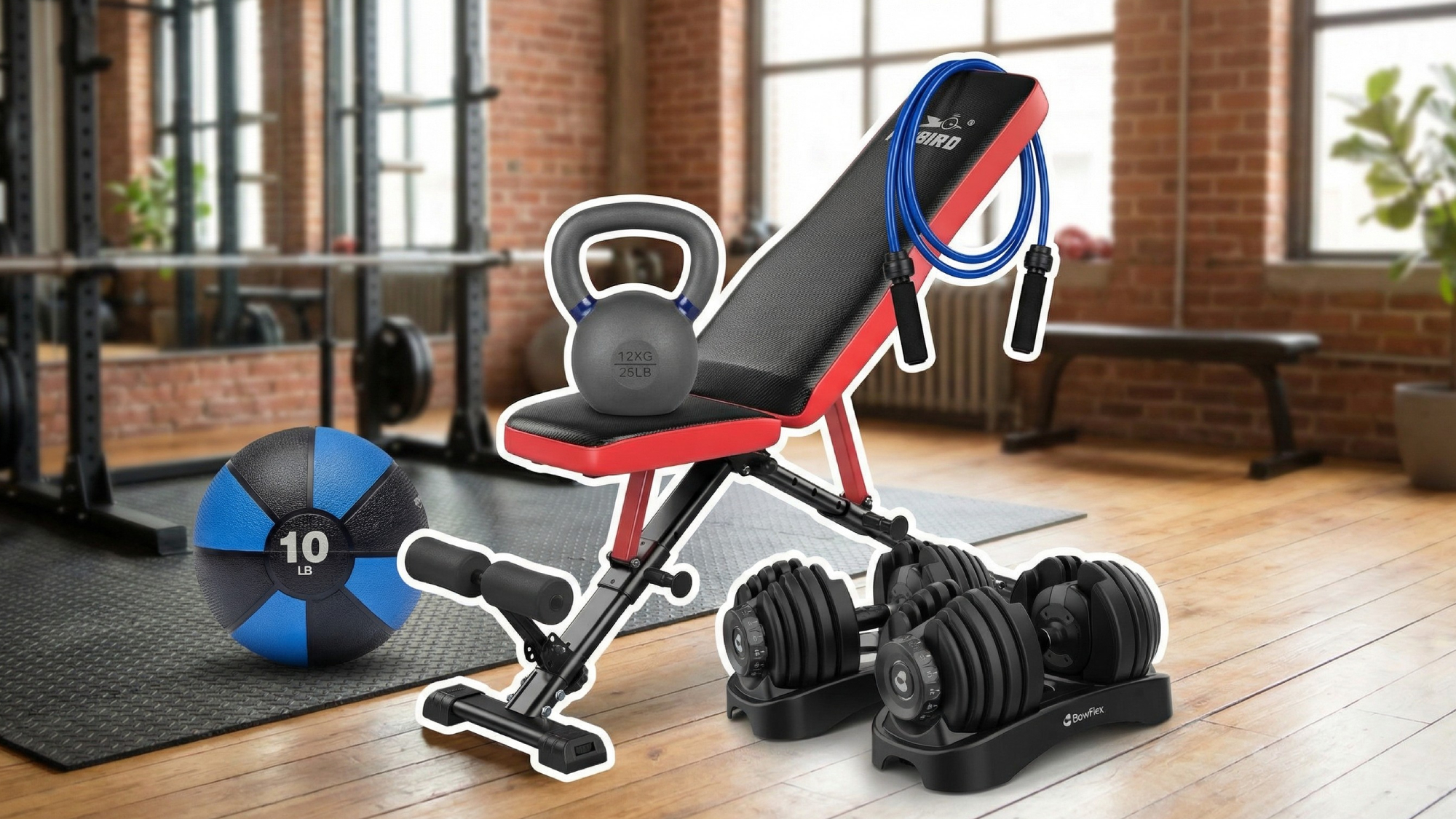 Collage of home gym equipment