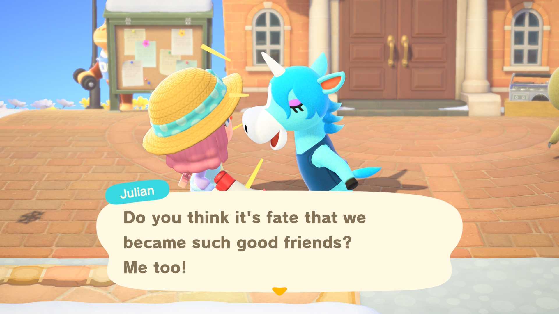 Julian, a light blue horse with a unicorn-like horn, in Animal Crossing: New Horizon poses in front of the mayor's office