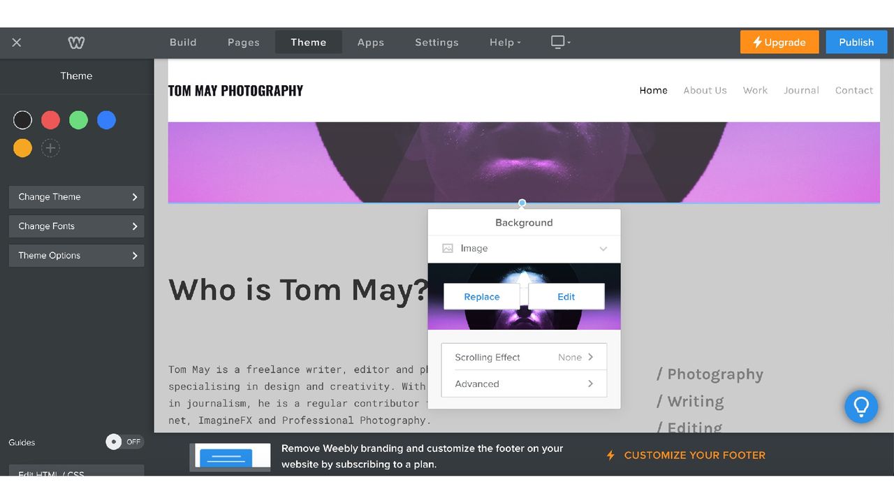 Screenshot of Weebly interface showing a website being edited