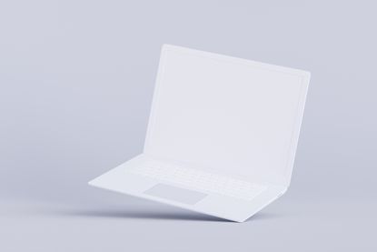 White Laptop Flying in White Background, 3d render - stock photo