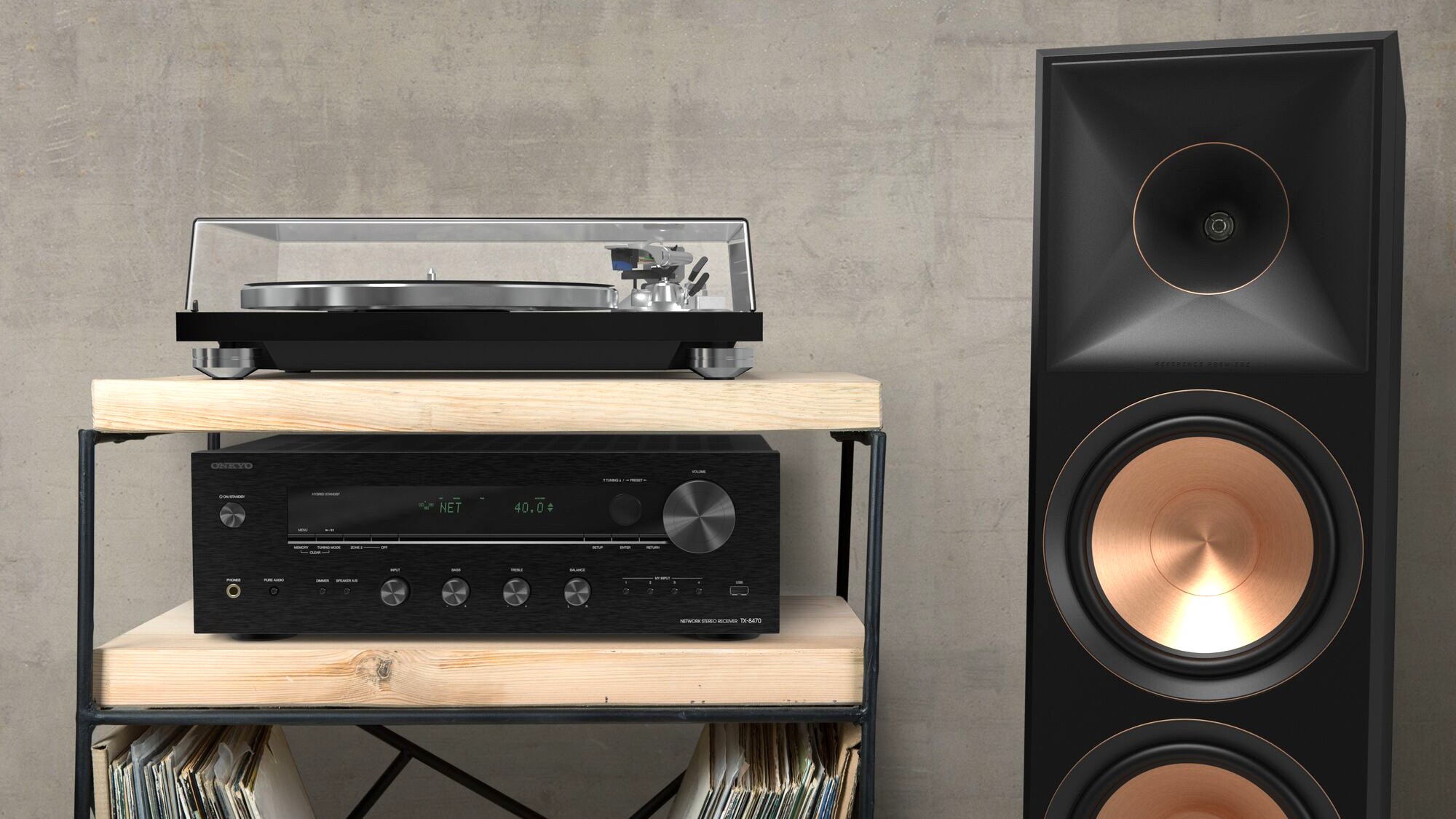 Onkyo TX-8470 lifestyle with turntable and Klipsch speakers