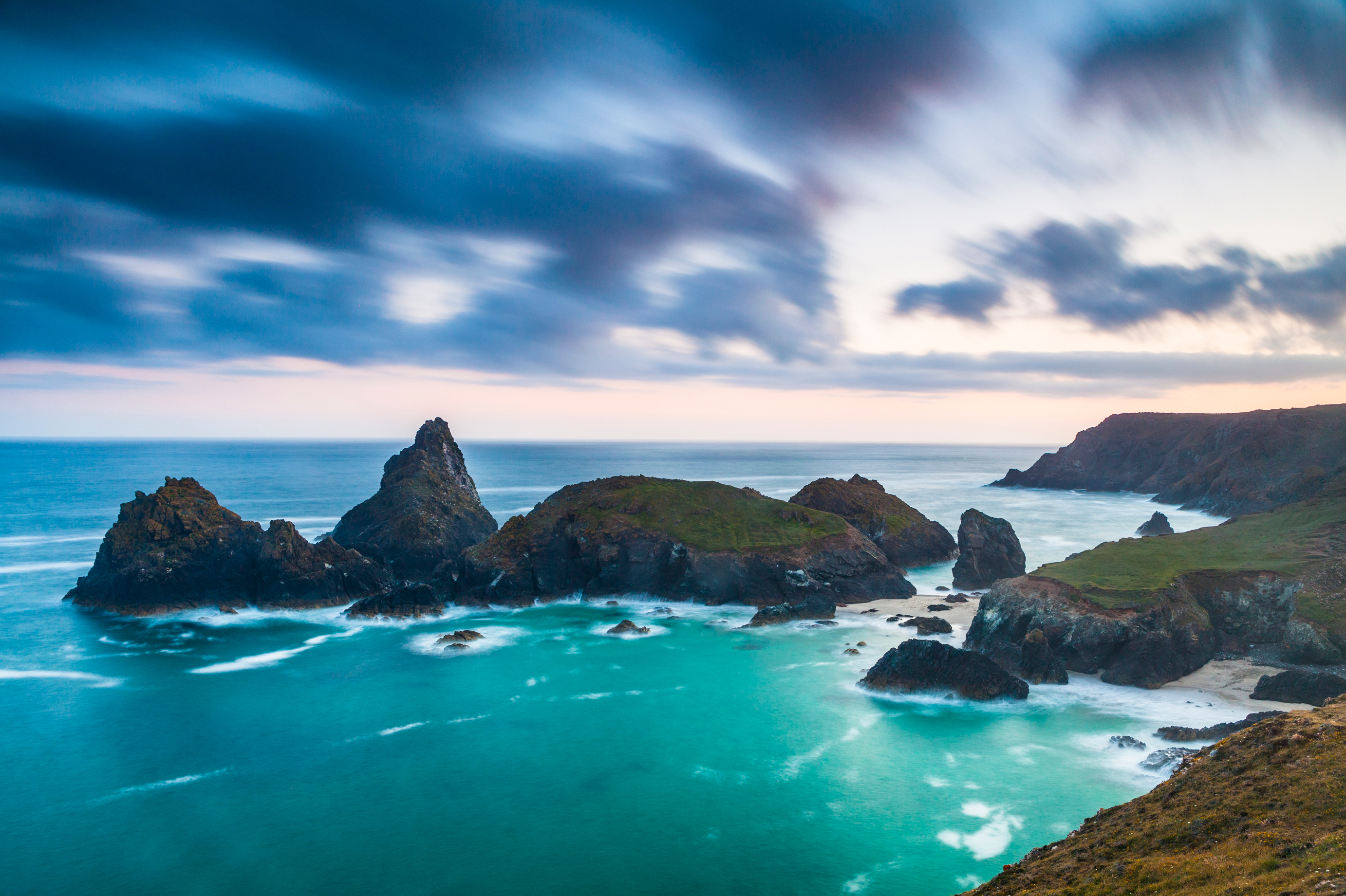 A rocky coastal landscape in overcast light